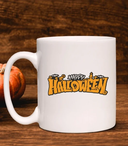 Kubek Happy Halloween na drewnianym tle
