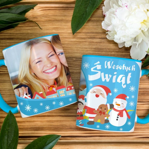 Foto Kubek Niebieski Ze Zdjęciem Na Mikołaja