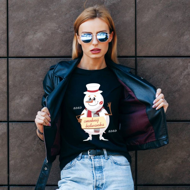 Koszulka Damska T-Shirt Świąteczna Cmoknij Bałwanka