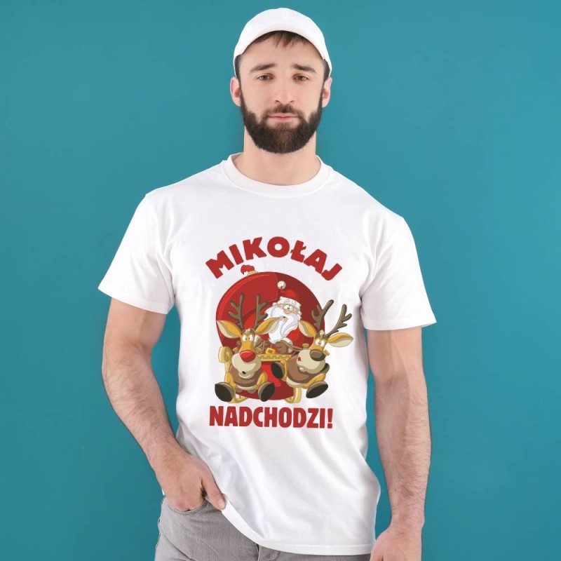Koszulka Męska T-Shirt Świąteczna Mikołaj Nadchodzi