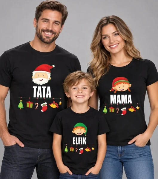 Zestaw Koszulek Świątecznych Tata Mama Elfik na modelach