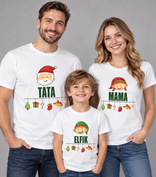 Zestaw Koszulek Świątecznych Tata Mama Elfik na modelach