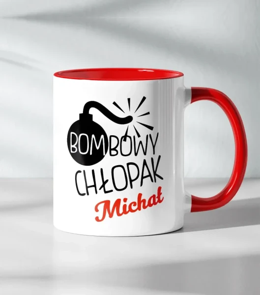 Kubek z Imieniem Bombowy Chłopak — widok kubka z nadrukiem