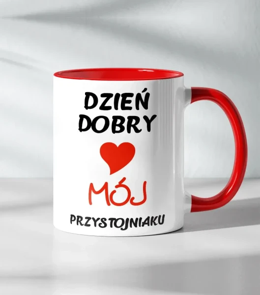 Kubek z napisem Dzień Dobry Mój Przystojniaku — widok kubka z nadrukiem