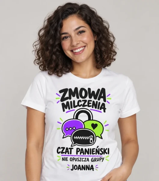 Koszulka na panieński „Zmowa Milczenia” z imieniem – biała na modelce