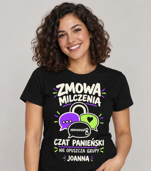 Koszulka na panieński „Zmowa Milczenia” z imieniem – czarna na modelce