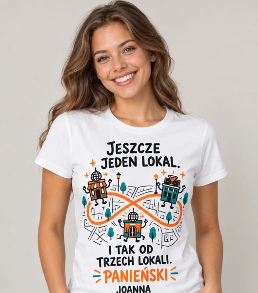 Koszulka na panieński „Jeszcze Jeden Lokal” z imieniem – biała na modelce