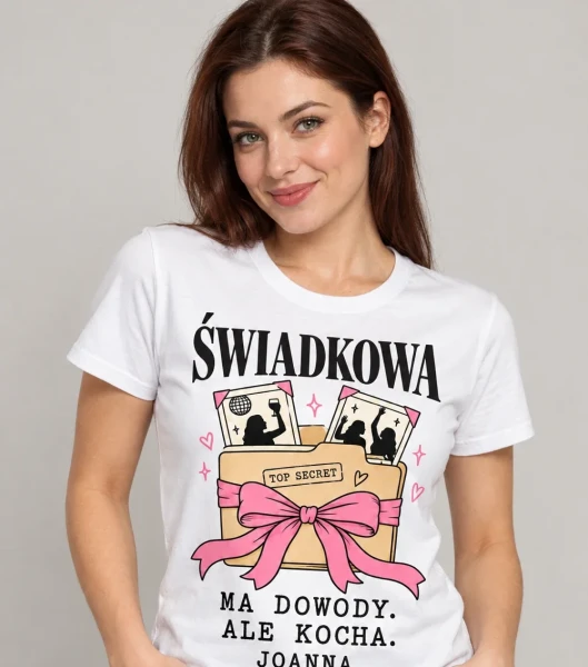 Koszulka dla świadkowej „Świadkowa Ma Dowody” z imieniem – biała na modelce