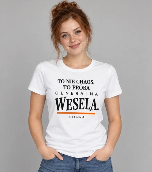 Koszulka na panieński „Wersja demonstracyjna” z imieniem – biała na modelce