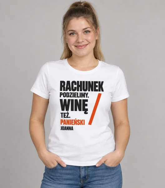 Koszulka na panieński „Wspólny rachunek” z imieniem – biała na modelce