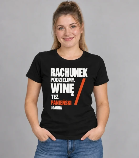 Koszulka na panieński „Wspólny rachunek” z imieniem – czarna na modelce