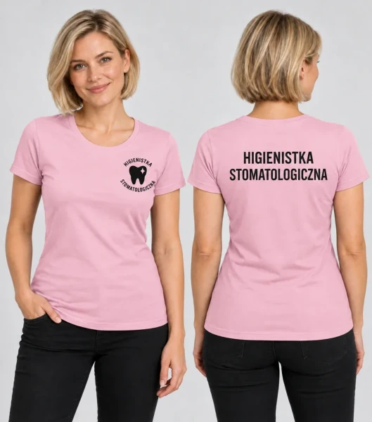 Koszulka Damska Higienistka stomatologiczna 160g - Basic – różowy – na modelu, przód i tył