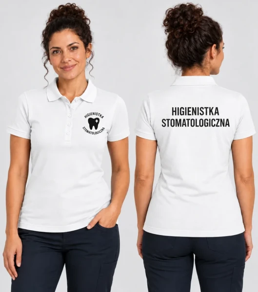 Koszulka Polo Damska Higienistka stomatologiczna 180g - Single J. – biały – na modelu, przód i tył