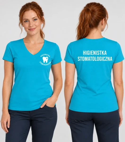 Koszulka V-neck Damska Higienistka stomatologiczna 180g - Fit V-neck – turkus – przód i tył