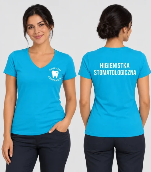Koszulka V-neck Damska Higienistka stomatologiczna 180g - Dream – turkus – przód i tył