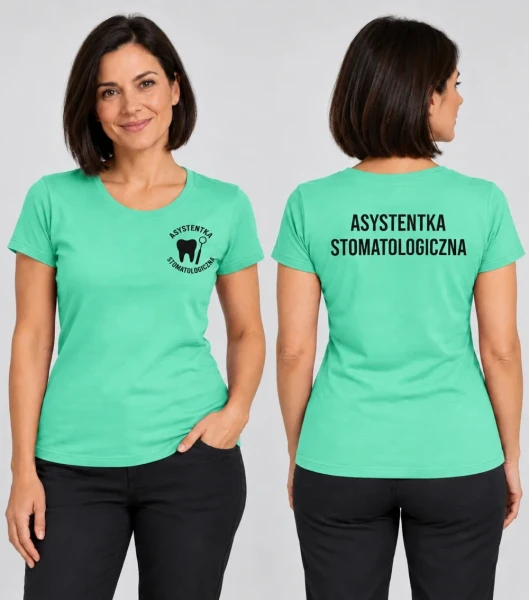 Koszulka Damska Asystentka stomatologiczna 160g - Basic – miętowy – na modelu, przód i tył