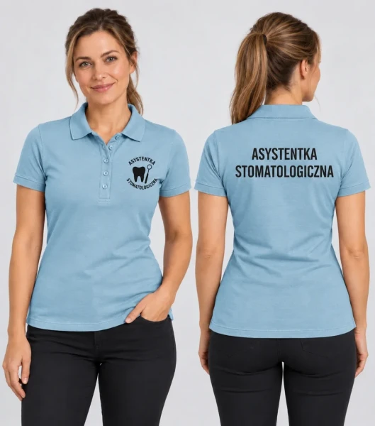 Koszulka Polo Damska Asystentka stomatologiczna 180g - Single J. – błękitny – na modelu, przód i tył