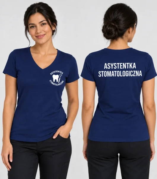 Koszulka V-neck Damska Asystentka stomatologiczna 180g - Fit V-neck – granatowy – przód i tył