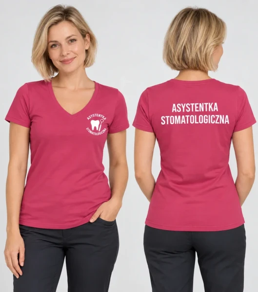 Koszulka V-neck Damska Asystentka stomatologiczna 180g - Dream – czerwień purpurowa – przód i tył