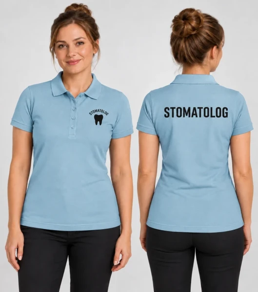 Koszulka Polo Damska Stomatolog 180g - Single J. – błękitny – na modelu, przód i tył