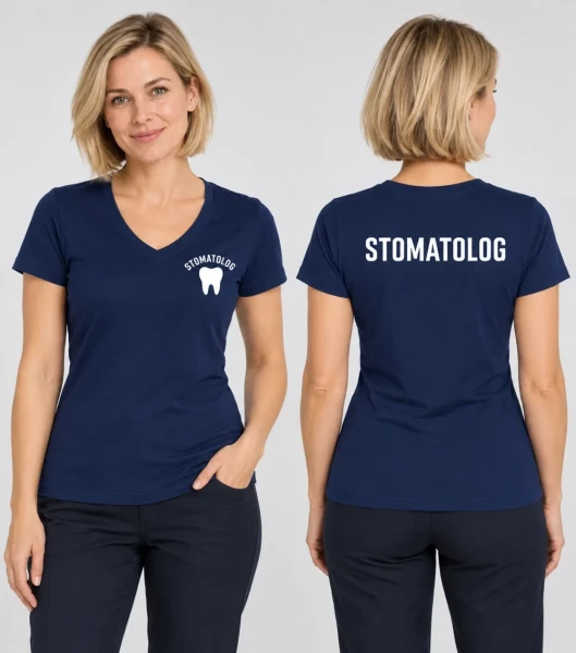 Koszulka V-neck Damska Stomatolog 180g - Fit V-neck – granatowy – przód i tył