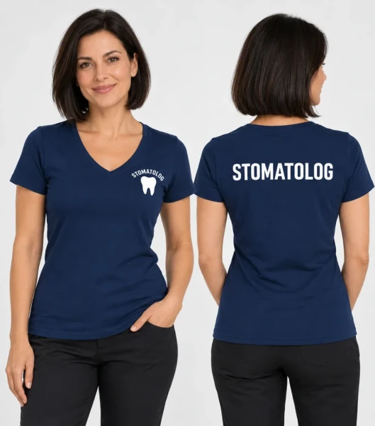 Koszulka V-neck Damska Stomatolog 180g - Dream – granatowy – przód i tył