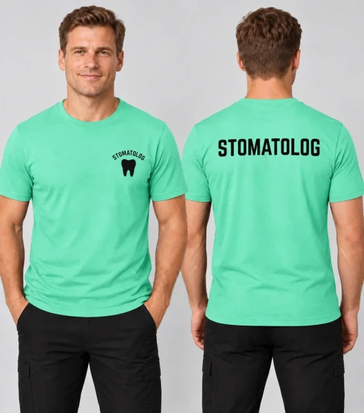 Koszulka Męska Stomatolog 160g - Basic – miętowy – na modelu, przód i tył