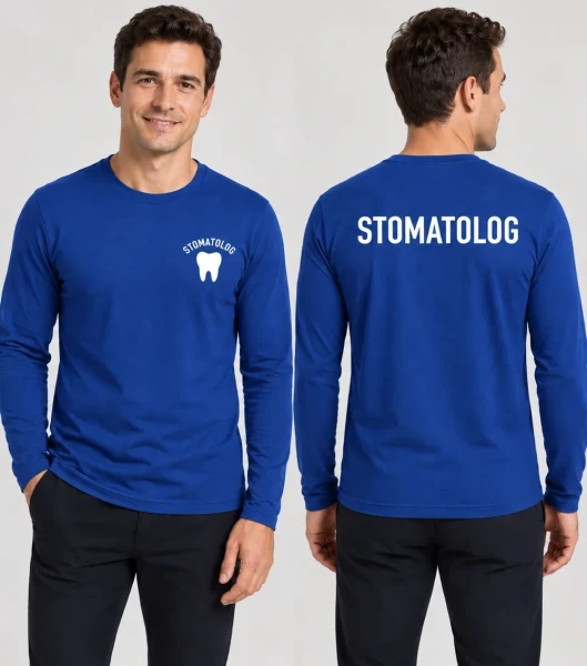 Koszulka Długi Rękaw Męska Stomatolog 160g - Fit-T LS – chabrowy – na modelu, przód i tył
