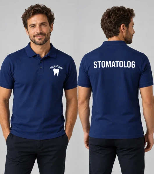 Koszulka Polo Męska Stomatolog 180g - Single J. – granatowy – przód i tył