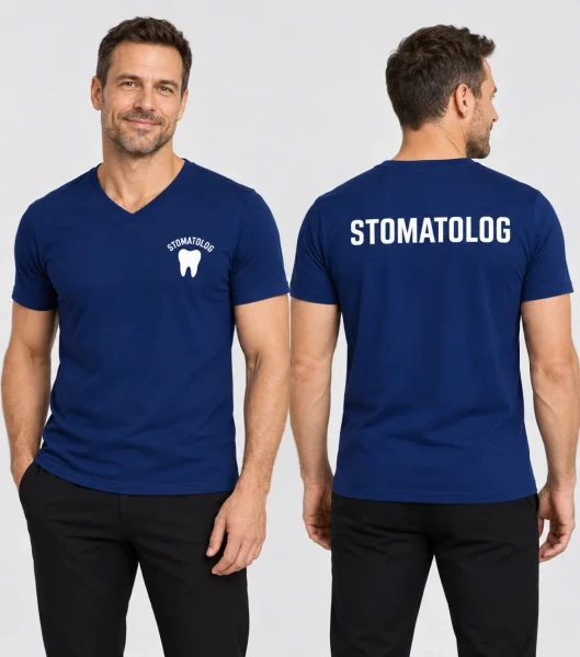 Koszulka V-neck Męska Stomatolog 180g - Slim Fit – granatowy – przód i tył