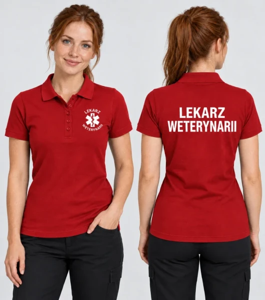 Koszulka Polo Damska Lekarz weterynarii 180g - Single J. – czerwony – na modelu, przód i tył