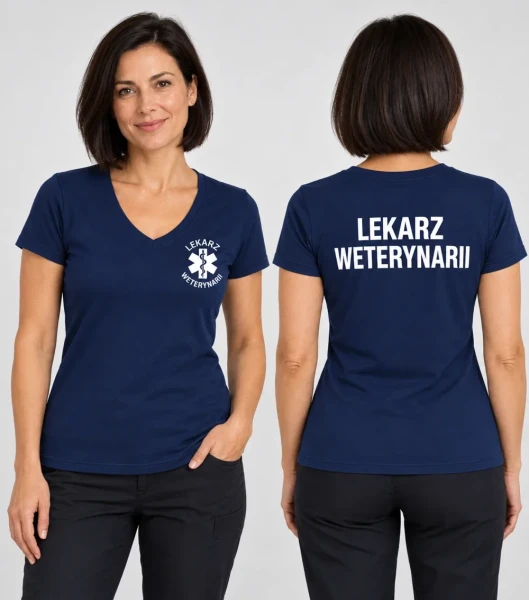 Koszulka V-neck Damska Lekarz weterynarii 180g - Fit V-neck – granatowy – przód i tył