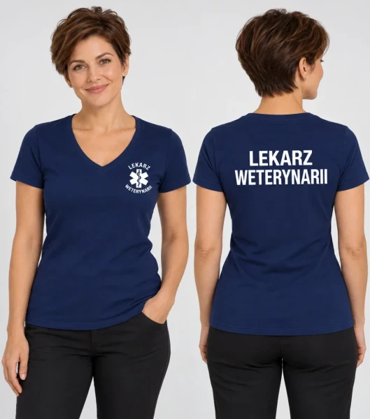 Koszulka V-neck Damska Lekarz weterynarii 180g - Dream – granatowy – przód i tył