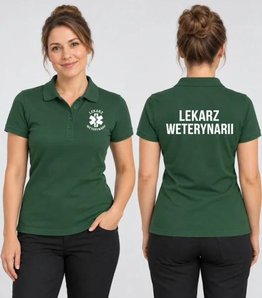 Koszulka Polo Damska Lekarz weterynarii 200g - Pique – zieleń butelkowa – przód i tył