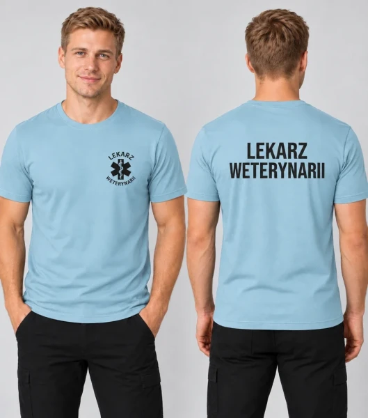 Koszulka Męska Lekarz weterynarii 160g - Basic – błękitny – na modelu, przód i tył