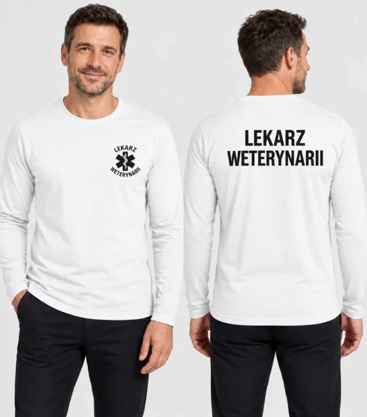 Koszulka Długi Rękaw Męska Lekarz weterynarii 160g - Fit-T LS – biały – na modelu, przód i tył