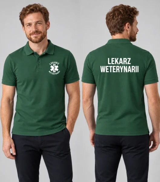 Koszulka Polo Męska Lekarz weterynarii 180g - Single J. – zieleń butelkowa – przód i tył