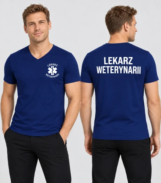 Koszulka V-neck Męska Lekarz weterynarii 180g - Slim Fit – granatowy – przód i tył