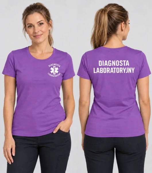 Koszulka Damska Diagnosta laboratoryjny 160g - Basic – fioletowy – na modelu, przód i tył