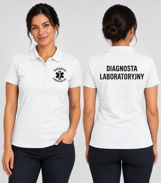 Koszulka Polo Damska Diagnosta laboratoryjny 180g - Single J. – biały – na modelu, przód i tył