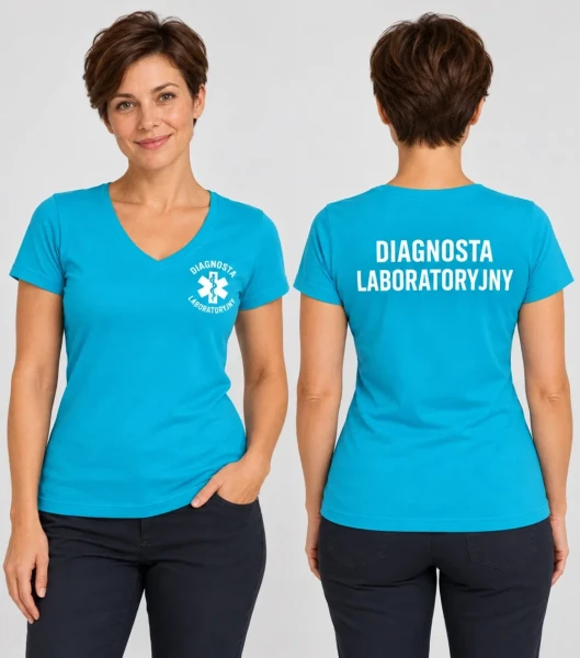 Koszulka V-neck Damska Diagnosta laboratoryjny 180g - Fit V-neck – turkus – przód i tył
