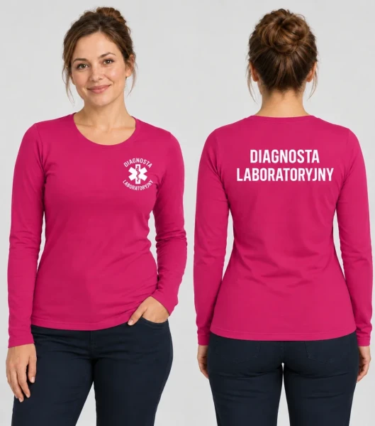 Koszulka Długi Rękaw Damska Diagnosta laboratoryjny 180g - Slim – malinowy – na modelu, przód i tył