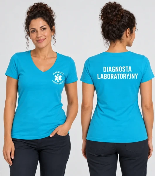 Koszulka V-neck Damska Diagnosta laboratoryjny 180g - Dream – turkus – przód i tył
