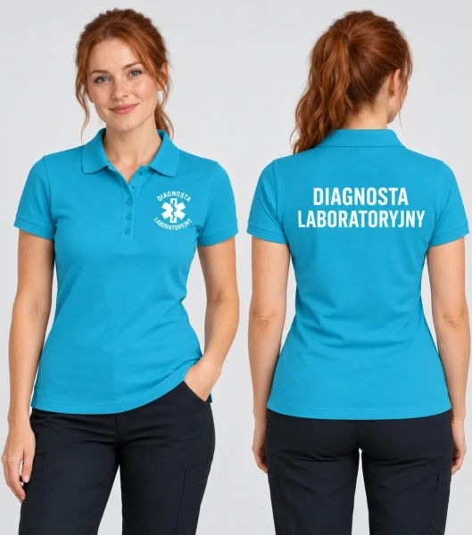 Koszulka Polo Damska Diagnosta laboratoryjny 200g - Pique – turkus – przód i tył