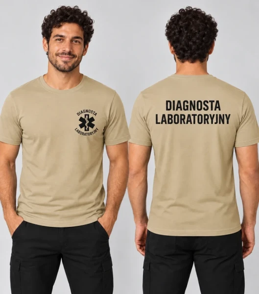 Koszulka Męska Diagnosta laboratoryjny 160g - Basic – piaskowy – na modelu, przód i tył