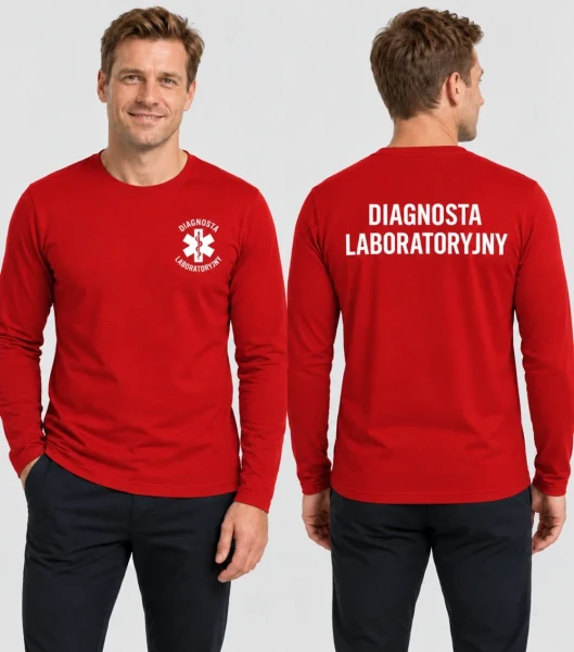 Koszulka Długi Rękaw Męska Diagnosta laboratoryjny 160g - Fit-T LS – czerwony – na modelu, przód i tył