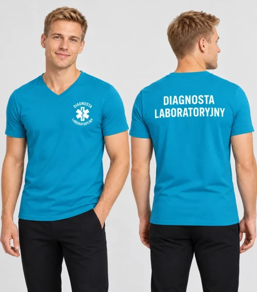 Koszulka V-neck Męska Diagnosta laboratoryjny 180g - Slim Fit – turkus – przód i tył