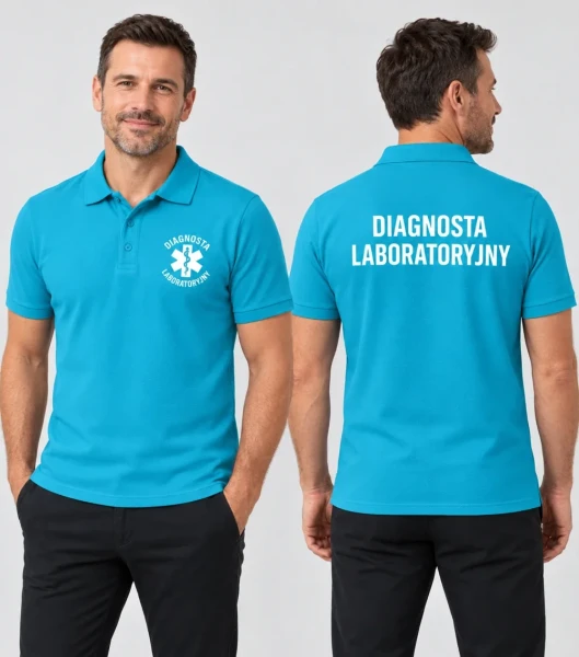 Koszulka Polo Męska Diagnosta laboratoryjny 200g - Pique – turkus – przód i tył
