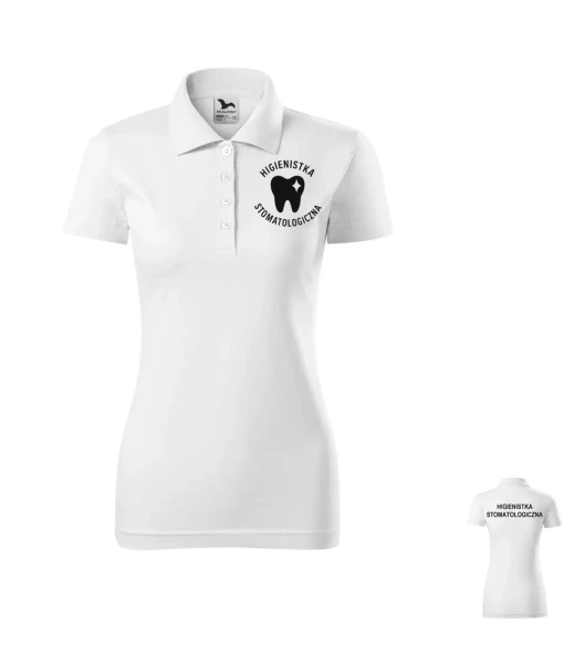 Koszulka Polo Damska Higienistka stomatologiczna 180g - Single J. – biały – przód i tył bez modela