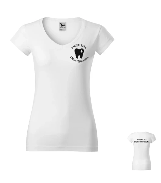 Koszulka V-neck Damska Higienistka stomatologiczna 180g - Fit V-neck – biały – przód i tył bez modela